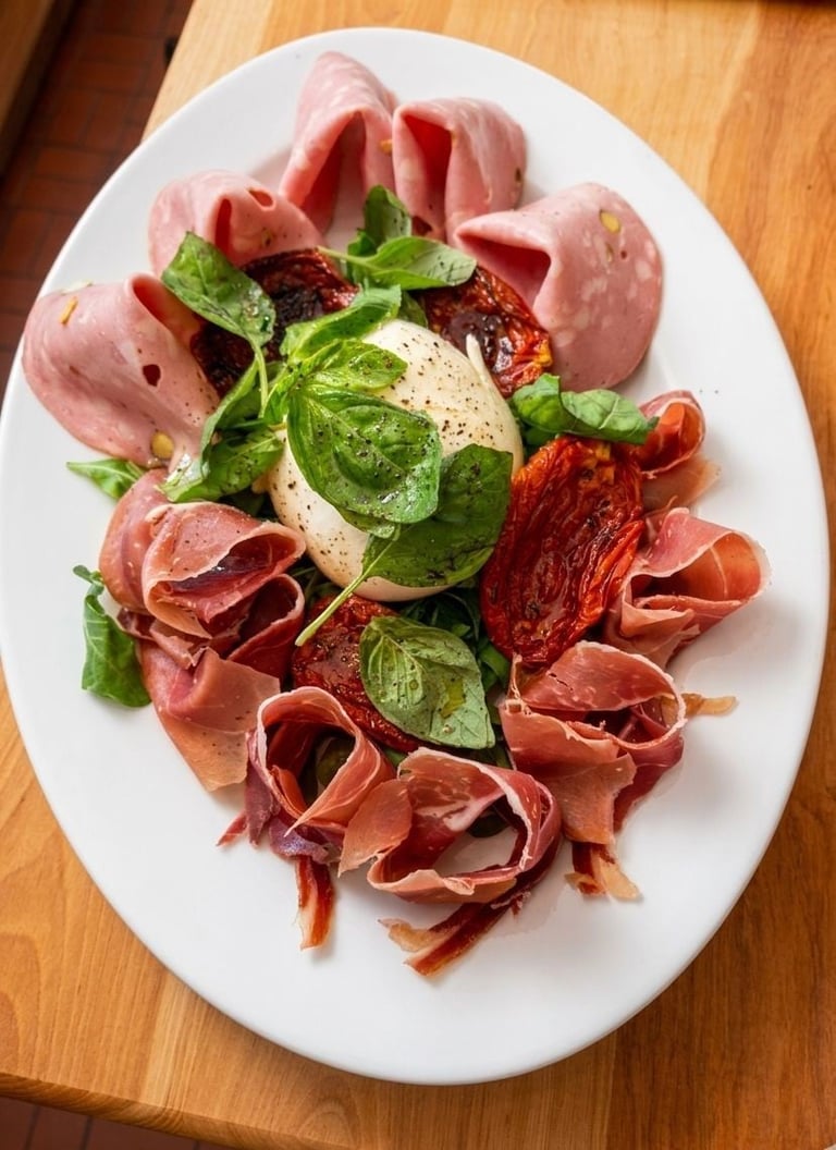 Elegant charcuterie platter with sliced prosciutto, fresh mozzarella, dried tomatoes, and basil on white plate