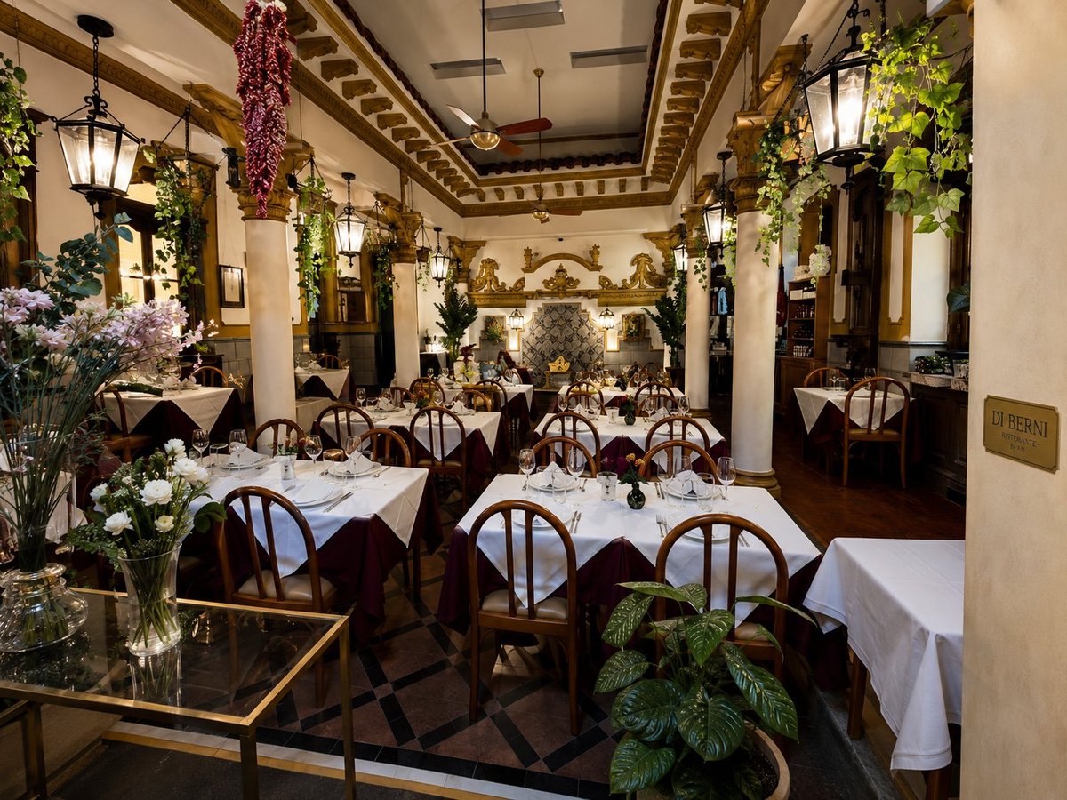 Elegante restaurante Di Berni Ristorante By AM con mesas elegantes, manteles blancos, sillas de madera y decoración floral