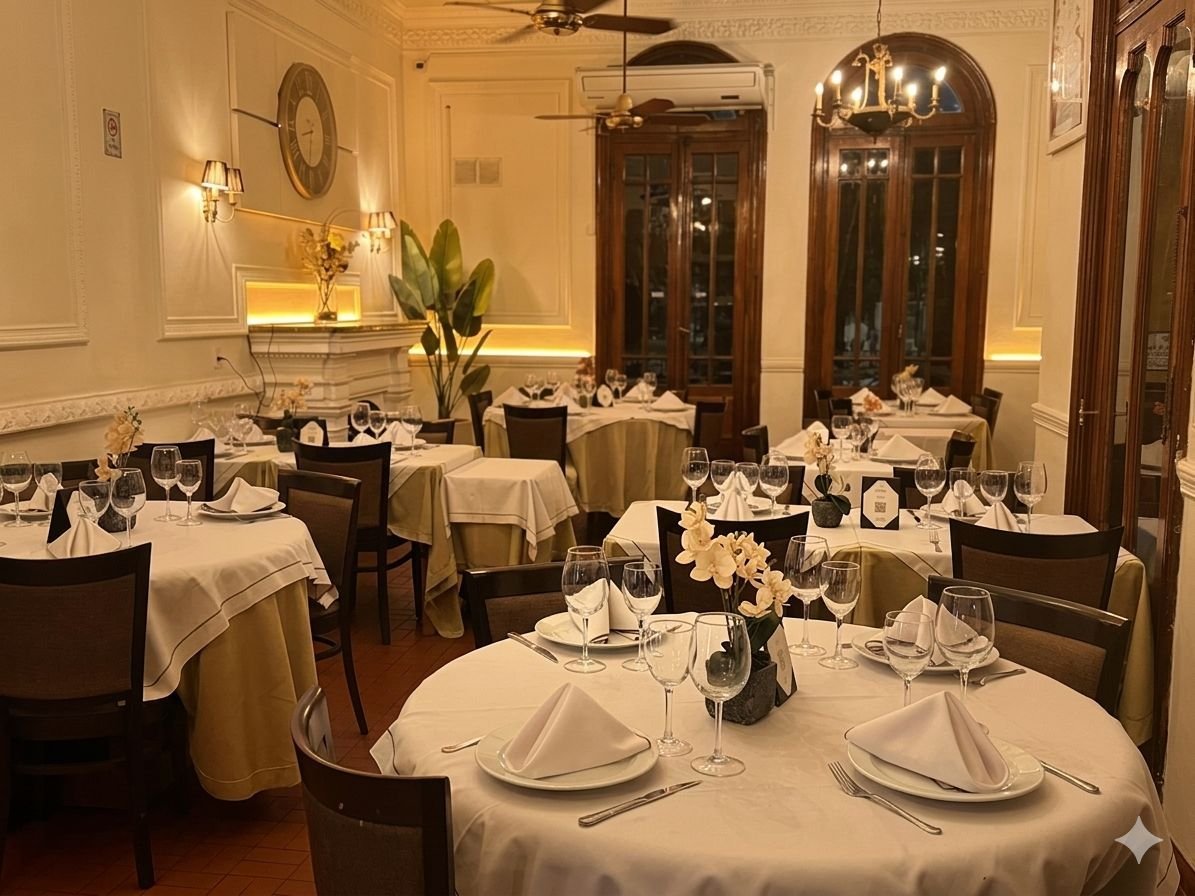 Elegant formal dining room with round tables set with white linens, place settings, and dark chairs in warm lighting