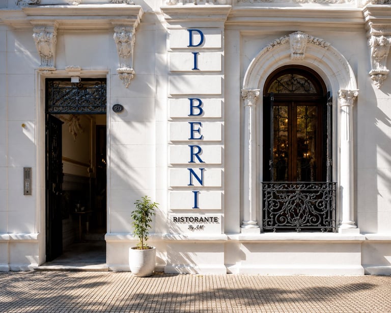 Fachada blanca mediterránea del Di Berni Ristorante con señalización, columnas ornamentadas y planta en maceta