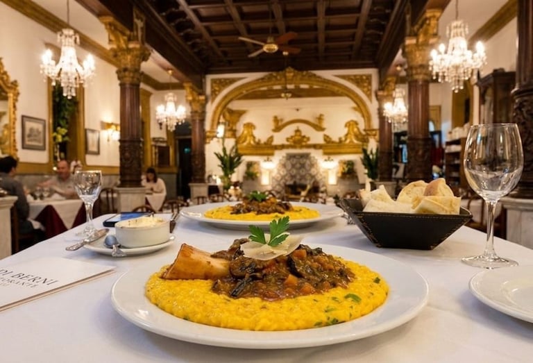 Elegant fine dining restaurant with plated dish of meat and polenta on white tablecloth, crystal glasses and ornate gold ceiling