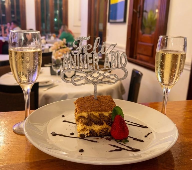 Plate with layered cake, fresh strawberry, and chocolate drizzle at elegant dining setting